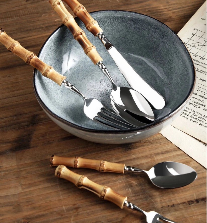 Gohobi A Set of 6 Pieces Bamboo Handle Cutlery