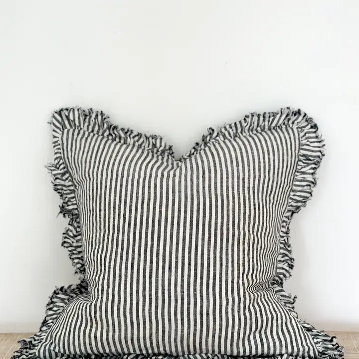 Hallie Ruffle Linen Cushion Cover – Charcoal Stripe