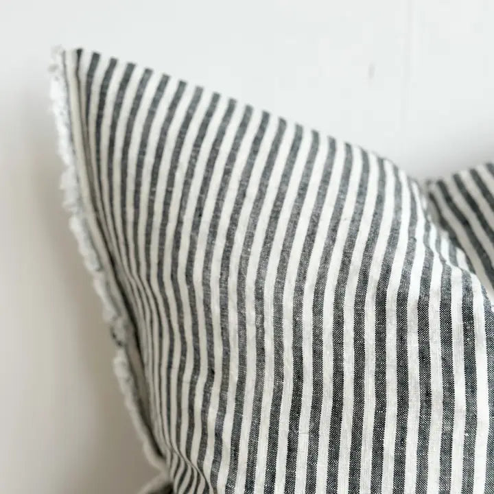 Esmee Linen Cushion Cover – Frayed Edge Charcoal Stripes
