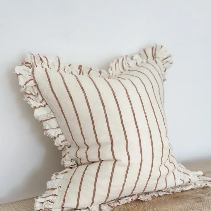 Hallie Ruffled Linen Cushion Cover – Brown & Cream Stripe
