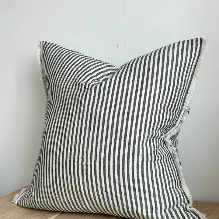Esmee Linen Cushion Cover – Frayed Edge Charcoal Stripes
