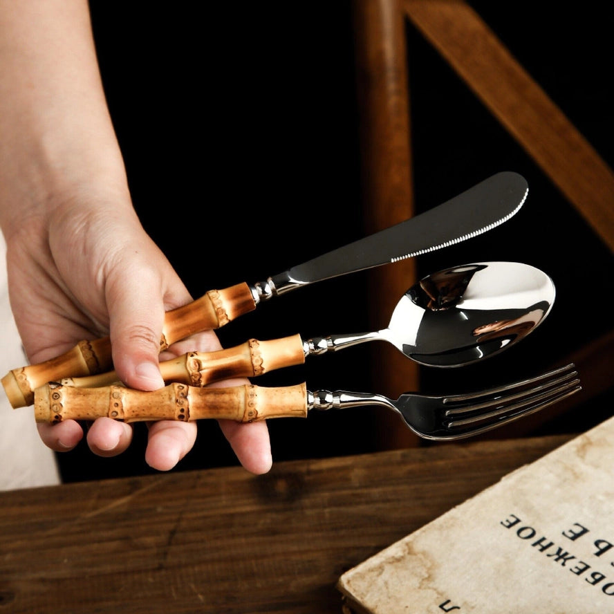 Gohobi A Set of 6 Pieces Bamboo Handle Cutlery