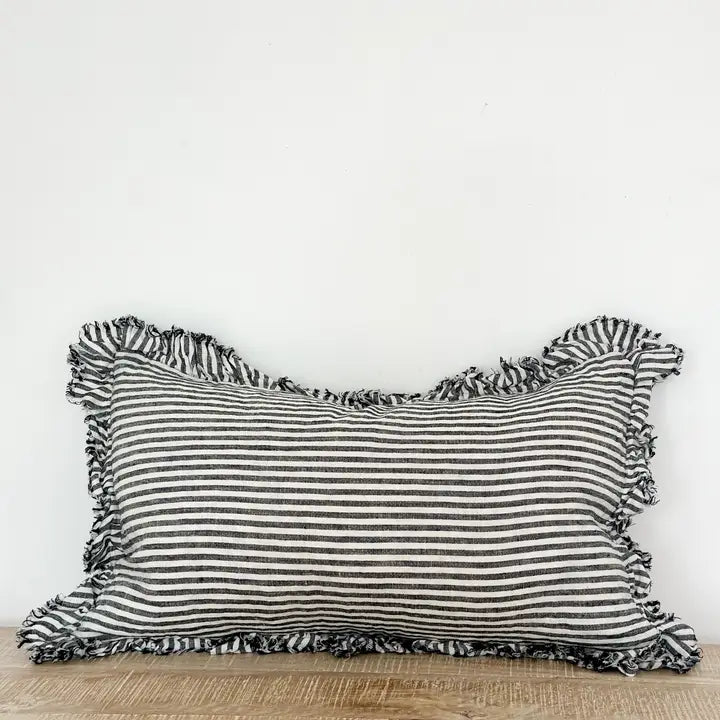Hallie Ruffled Linen Cushion Cover – Charcoal Stripe