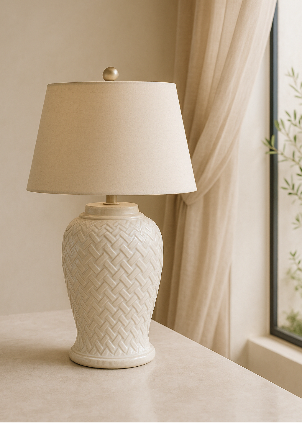 White textured table lamp with beige lampshade on a surface near a window with curtains.