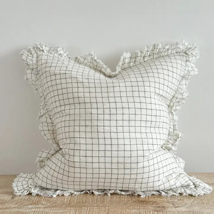 Hallie Ruffled Linen Cushion Cover 45x45 – Olive Check