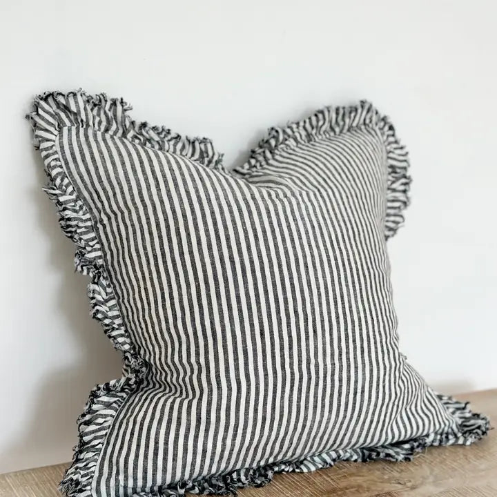 Hallie Ruffle Linen Cushion Cover – Charcoal Stripe