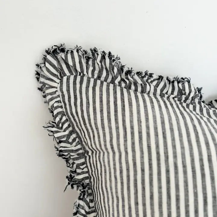 Hallie Ruffle Linen Cushion Cover – Charcoal Stripe