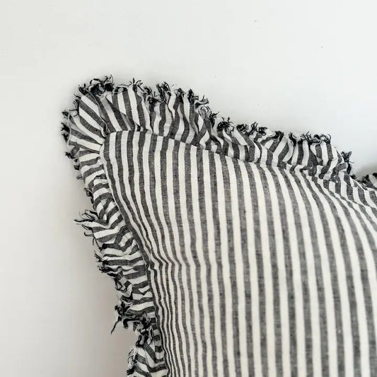Hallie Ruffle Linen Cushion Cover – Charcoal Stripe