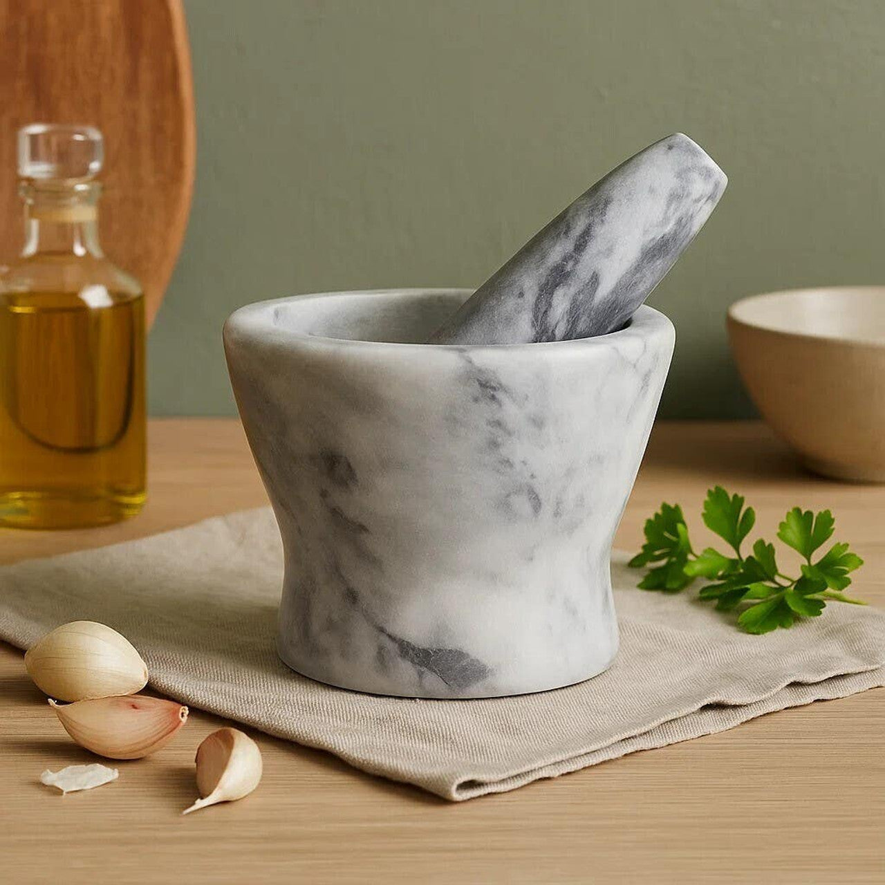 Cedro Grey Marble Curved Mortar And Pestle