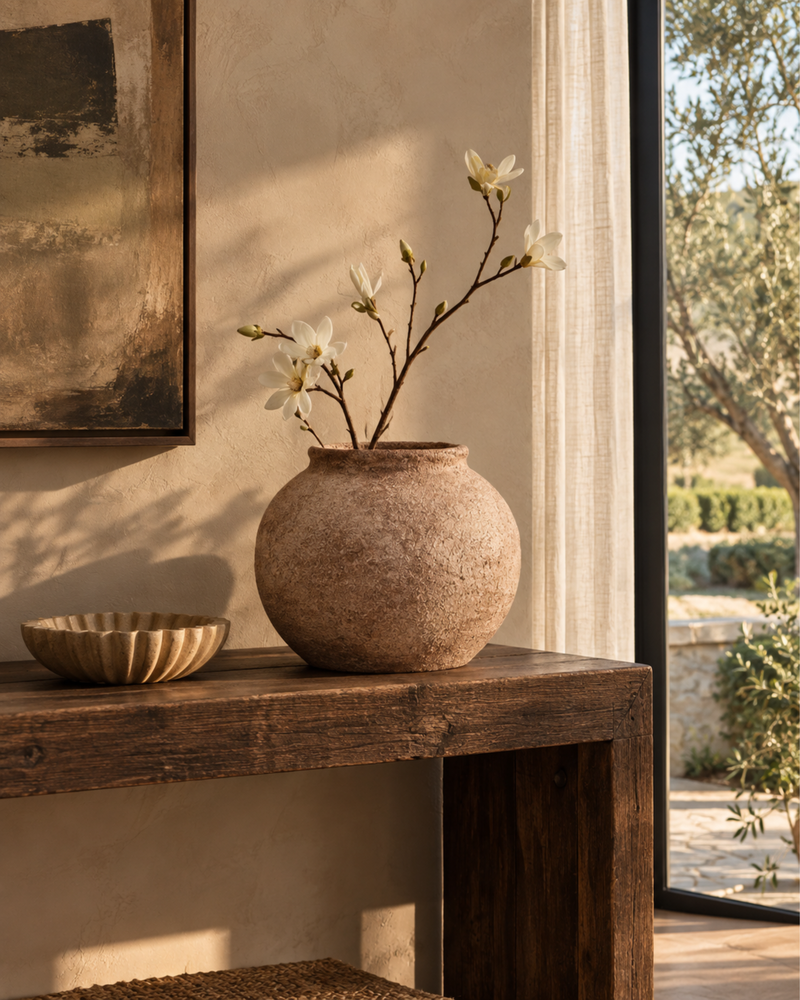 A rustic beige ceramic vase filled with white blossoms and brown branches, displayed on a dark wooden console table in a warm, sunlit interior next to a window.