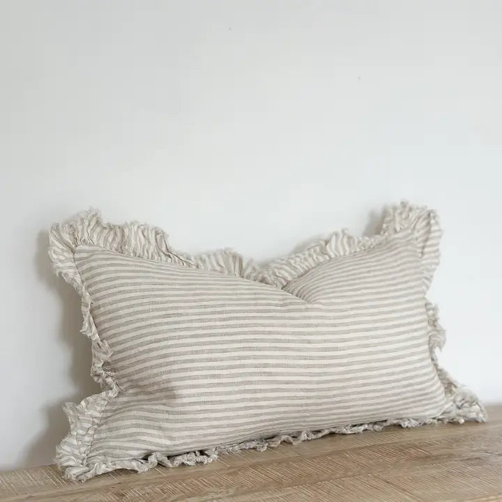 Hallie Ruffled Linen Cushion Cover – Natural Beige Stripe