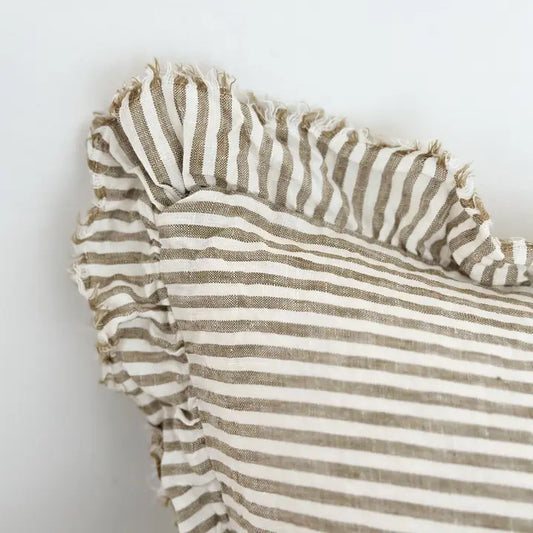 Hallie Ruffled Linen Cushion Cover – Olive Stripe
