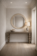 Round mirror on a wooden console table in a room with neutral walls and flooring.