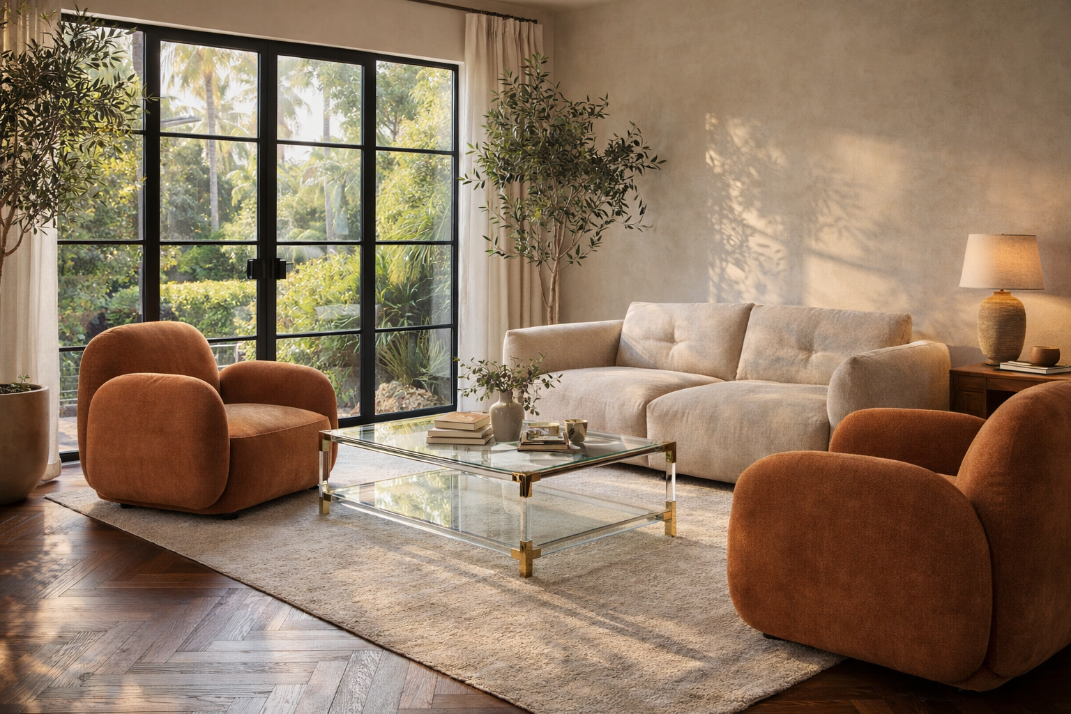 Modern living room with beige sofa, orange armchairs, and glass coffee table.