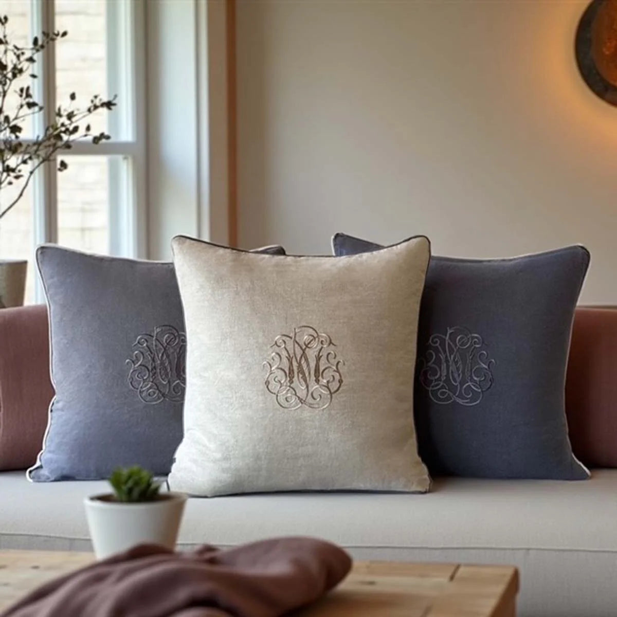 Mariner Emblem Linen Cushion – Taupe & Charcoal