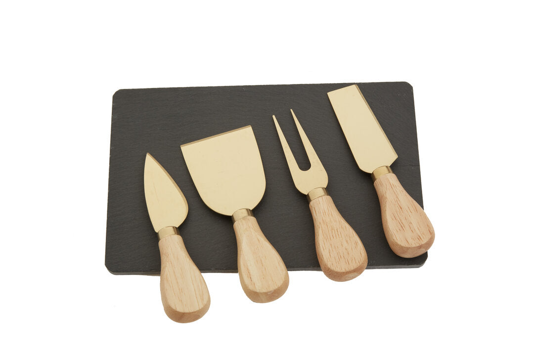 Ena Slate Cheese Board & Knife Set - Gold Finish