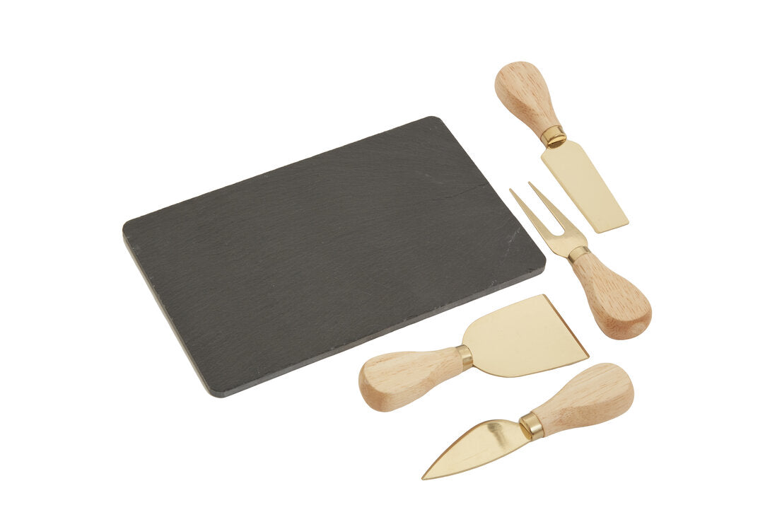Ena Slate Cheese Board & Knife Set - Gold Finish