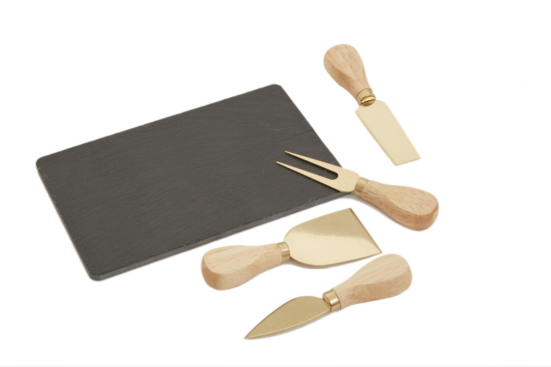 Ena Slate Cheese Board & Knife Set - Gold Finish