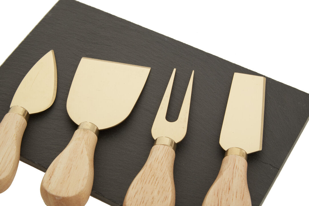 Ena Slate Cheese Board & Knife Set - Gold Finish