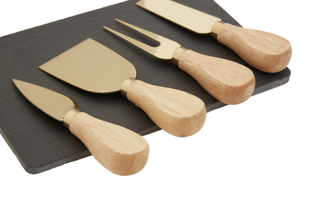 Ena Slate Cheese Board & Knife Set - Gold Finish