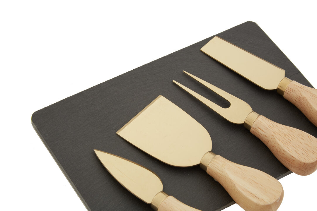 Ena Slate Cheese Board & Knife Set - Gold Finish