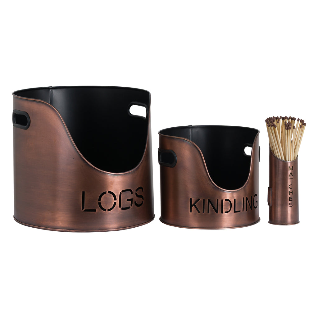 Iona Copper Finish Logs And Kindling Buckets & Matchstick Holder