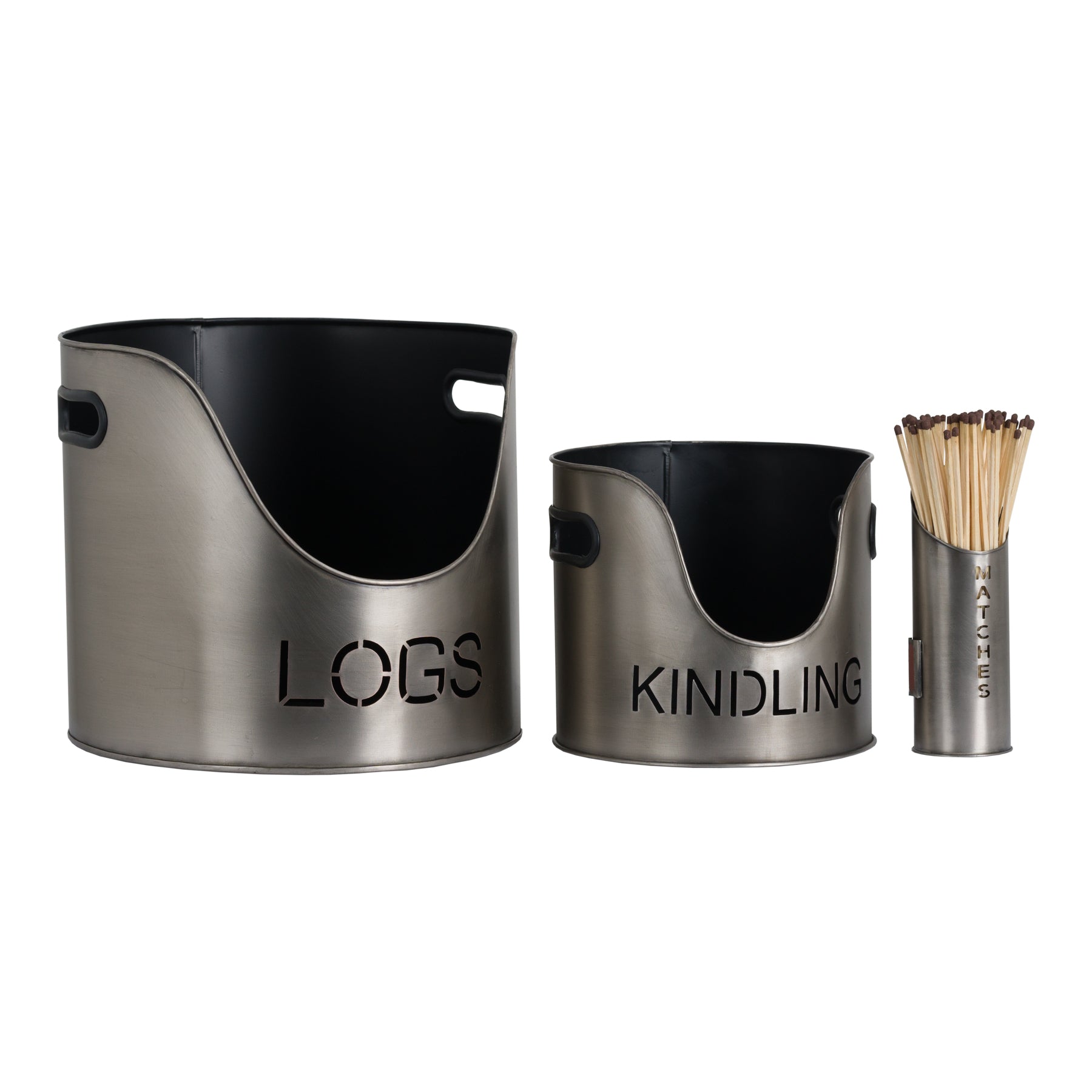 Dahlia Pewter Finish Logs And Kindling Buckets & Matchstick Holder