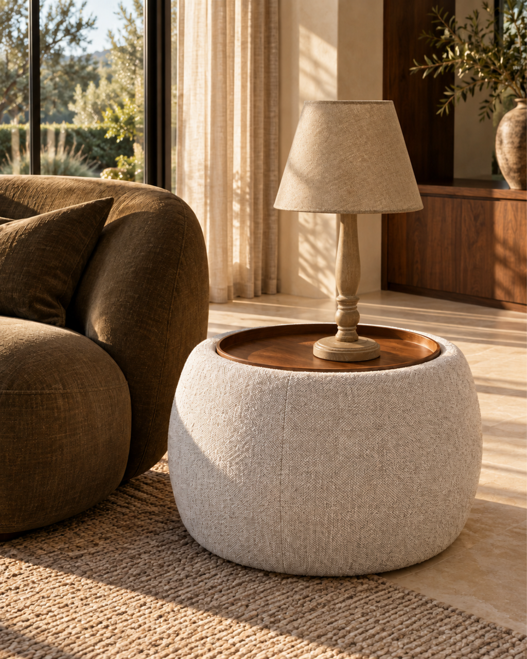 Colfax Side Table Ottoman - Walnut & Grey
