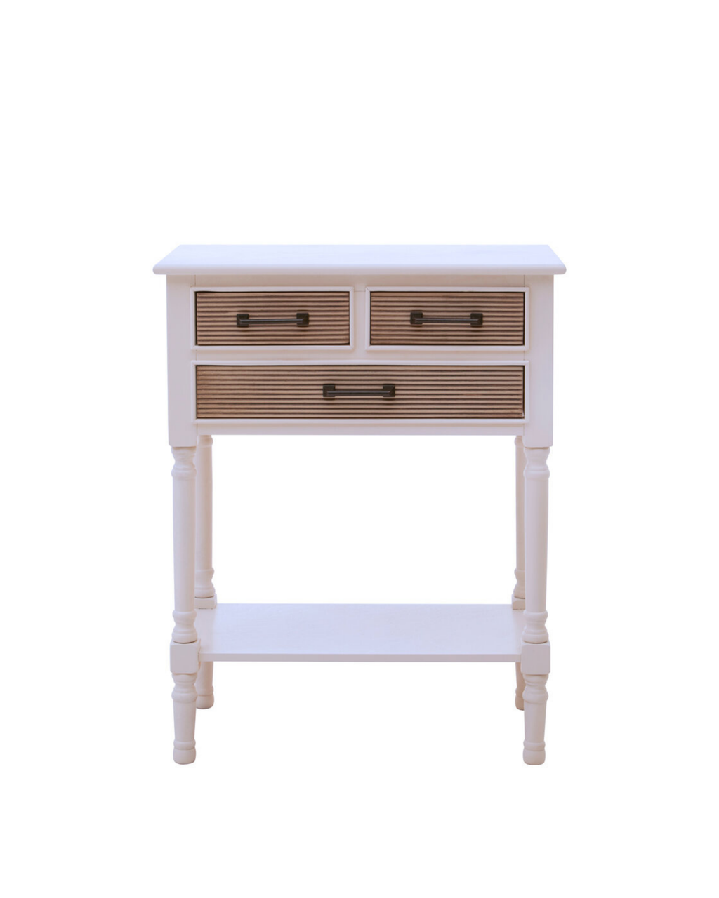 White wooden console table with textured wood drawer fronts and lower shelf on a plain white background.