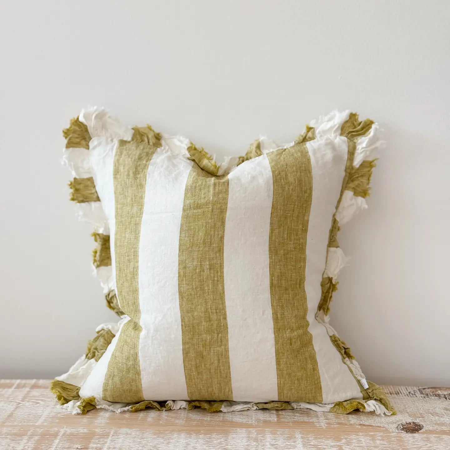 Hallie Ruffled Linen Cushion Cover – Olive Wide Stripe