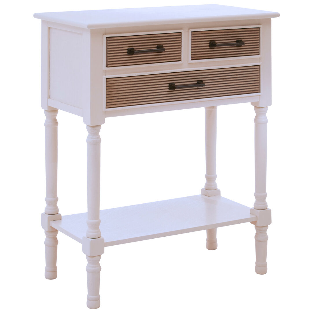 White side table with three drawers and a shelf on a white background