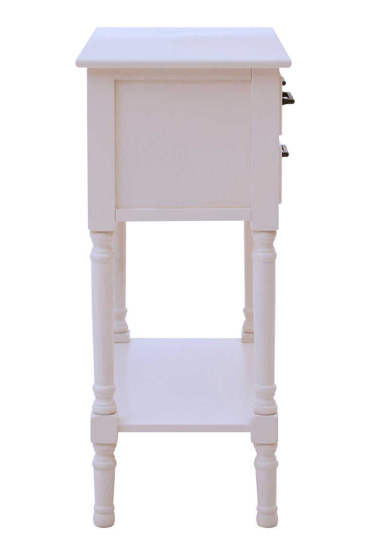 White wooden side table with a shelf on a white background