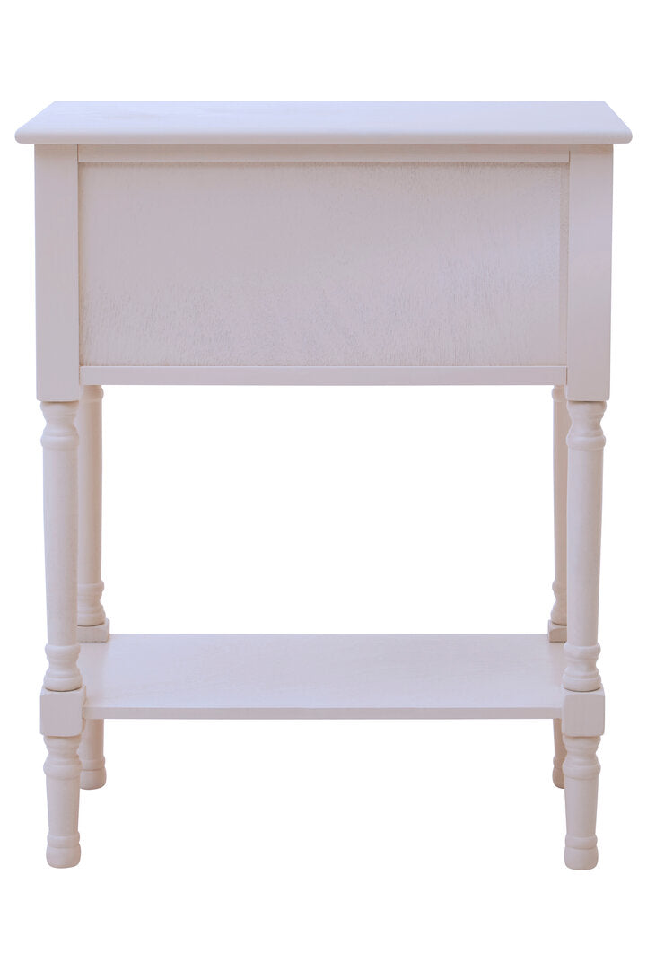 White wooden side table with a shelf on a white background