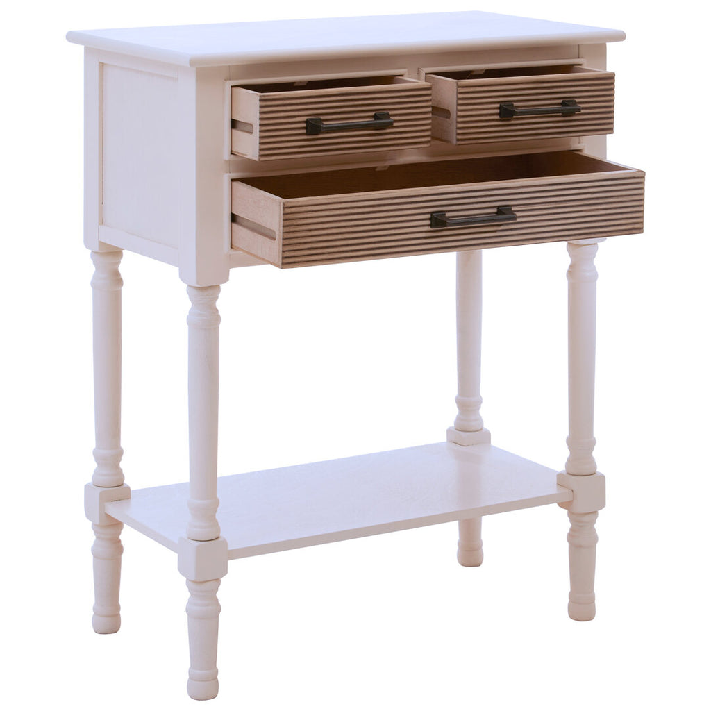 Small wooden side table with three drawers and a shelf on a white background