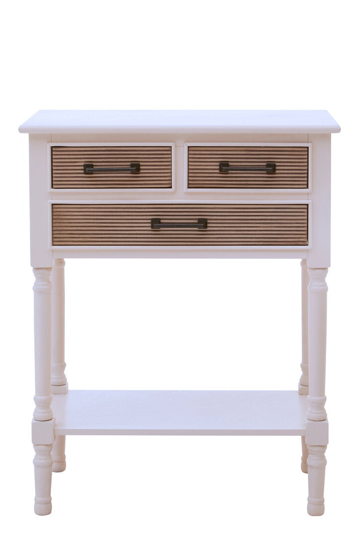 Small wooden side table with three drawers on a white background