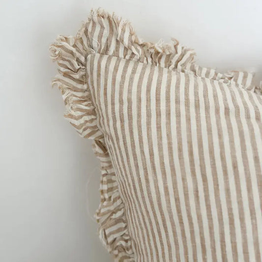 Hallie Ruffle Linen Cushion Cover – Light Brown Stripe