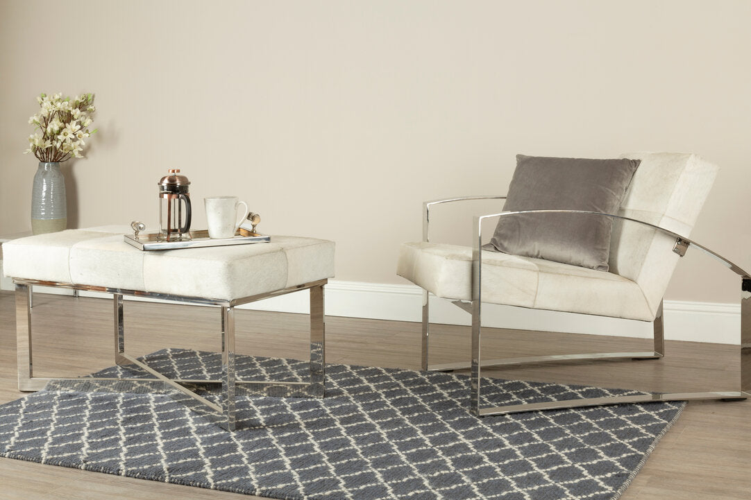 Pimlico Leather Bench - Grey & Polished Silver