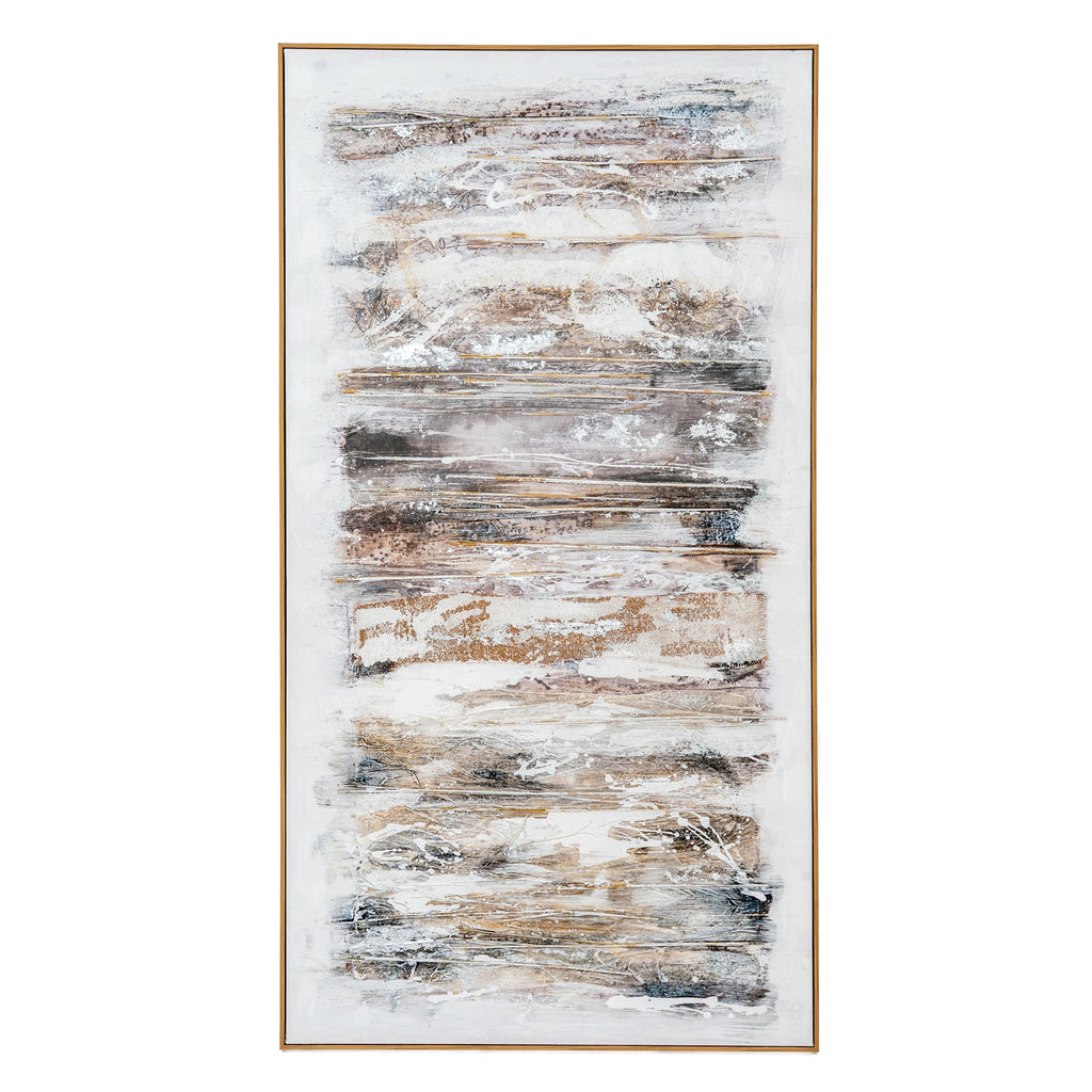 Abstract art painting with horizontal brush strokes in brown, black, and white on a white background.