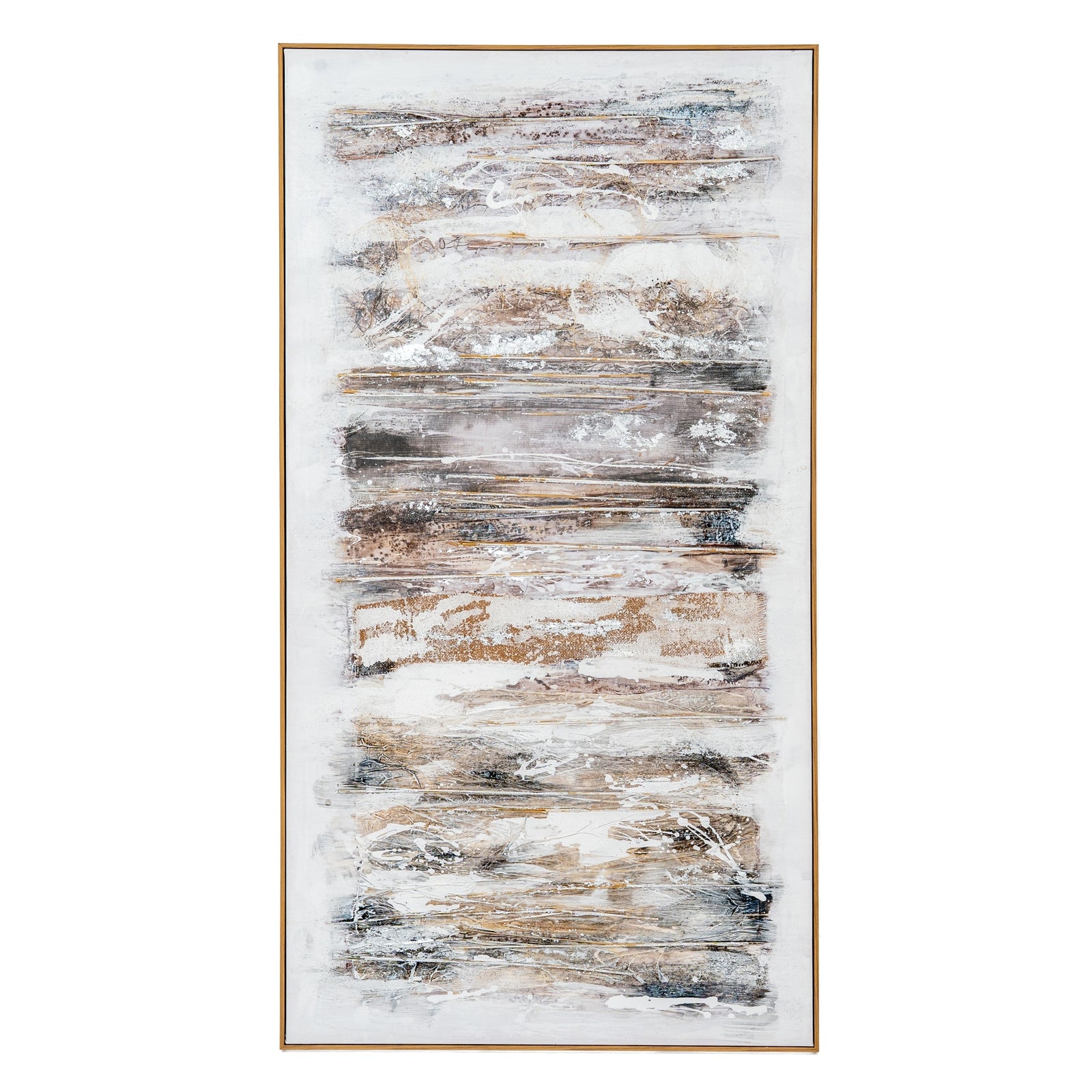 Abstract art painting with horizontal brush strokes in brown, black, and white on a white background.
