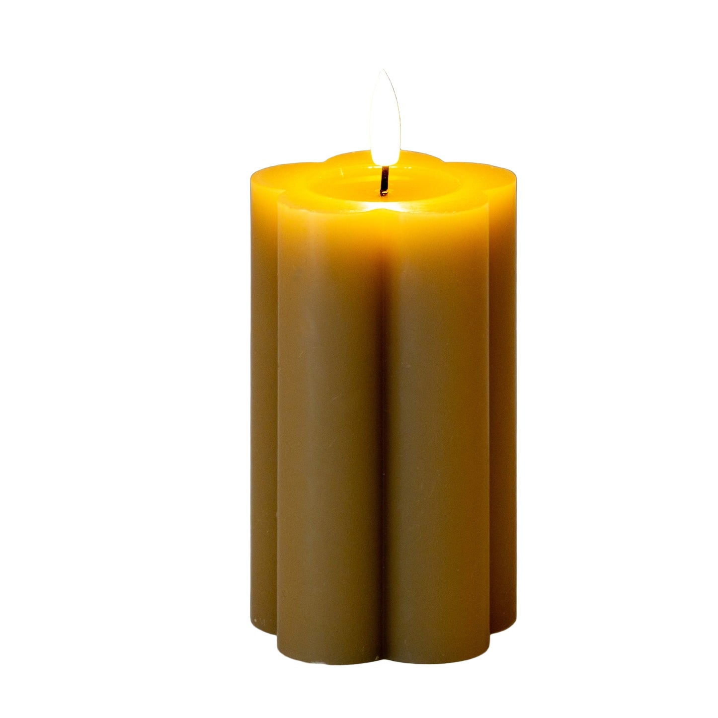 Yellow candle with a lit wick on a gray background