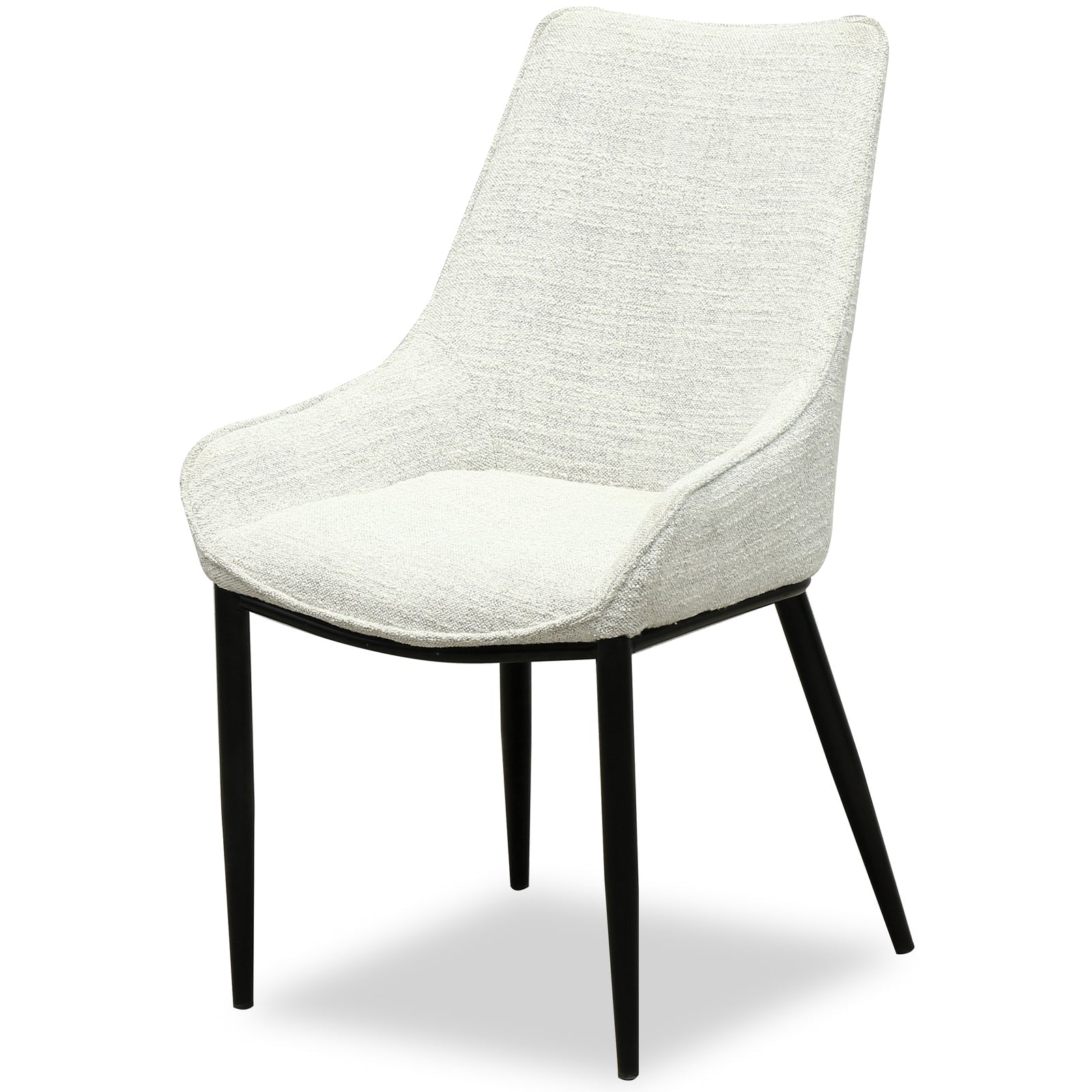 White upholstered chair with black legs on a white background