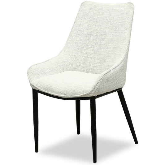 White upholstered chair with black legs on a white background