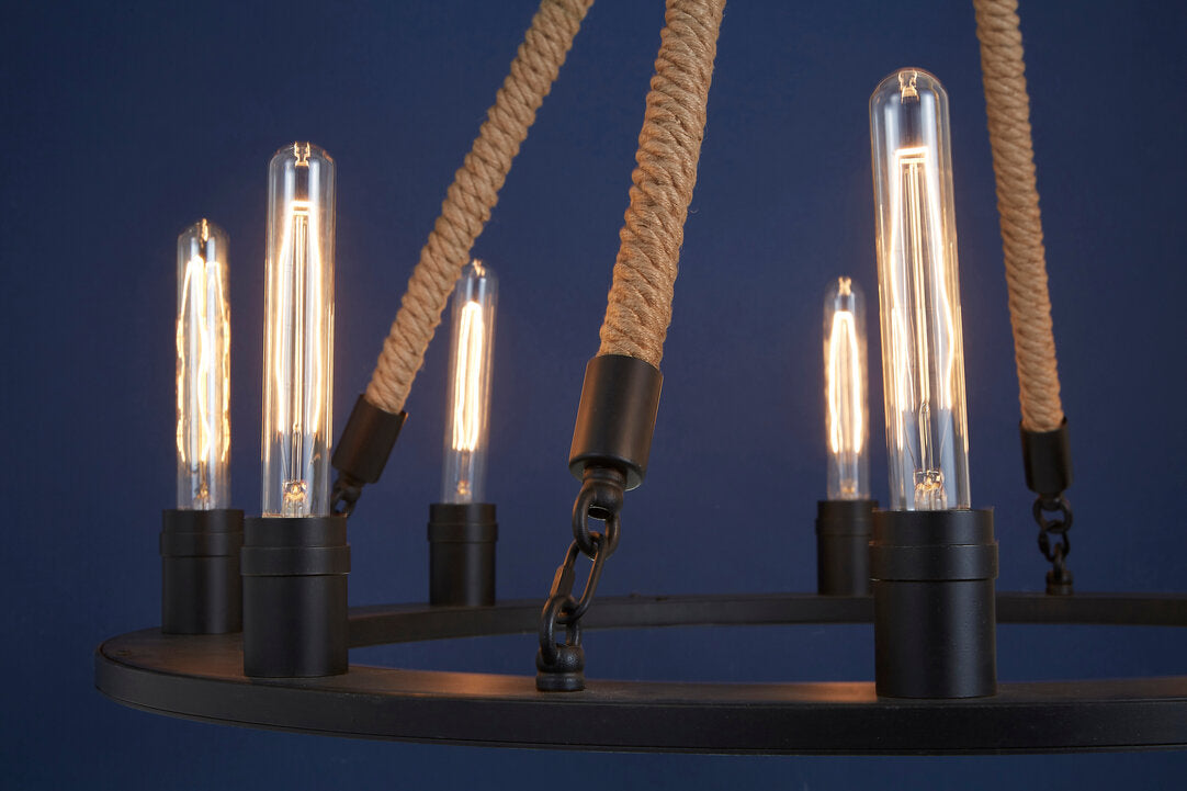 Quinn 8 Light Ceiling Pendant - Antique Black and Rope