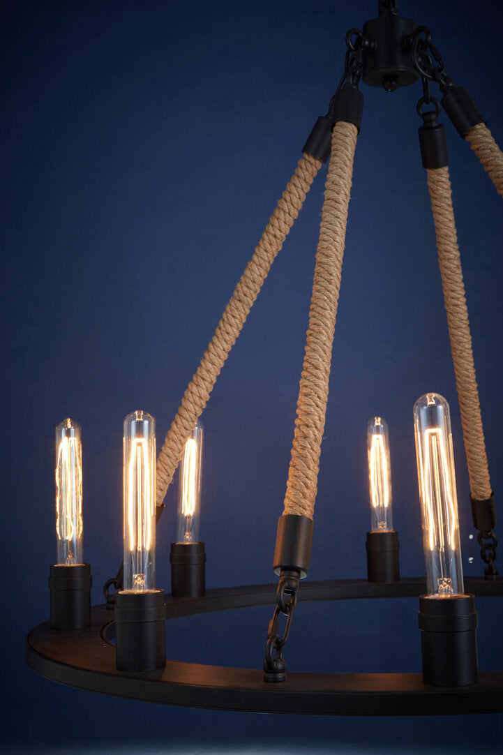 Quinn 8 Light Ceiling Pendant - Antique Black and Rope