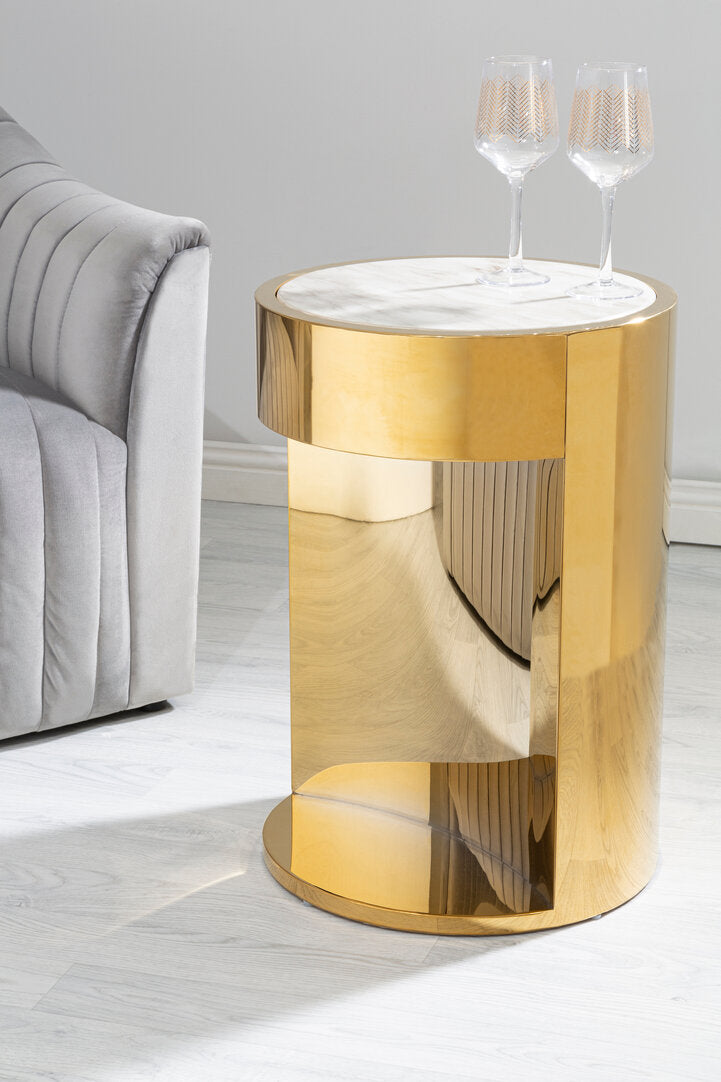 Caesar Round Side Table - Gold and Marble Effect
