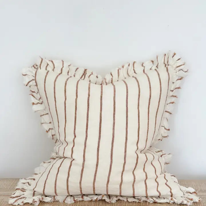 Hallie Ruffled Linen Cushion Cover – Brown & Cream Stripe