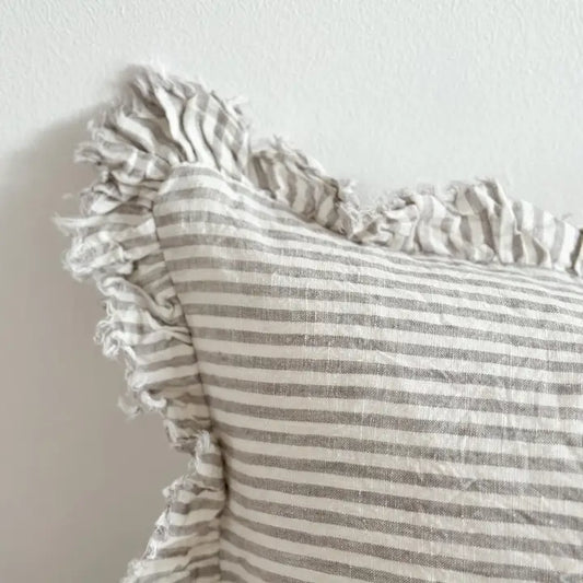 Hallie Ruffled Linen Cushion Cover  – Grey Stripe - Set of 2