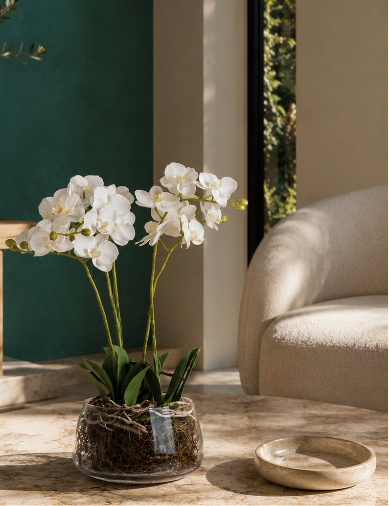 White butterfly orchid flowers in a clear glass planter with visible root basket, placed on a round stone coffee table in a sunlit living room with a beige armchair and dark green wall in the background.
