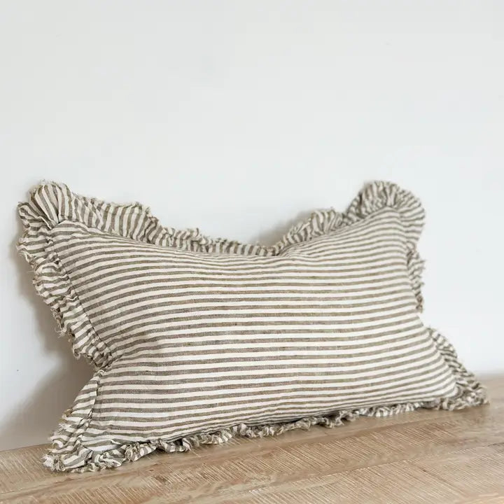 Hallie Ruffled Linen Cushion Cover – Olive Stripe