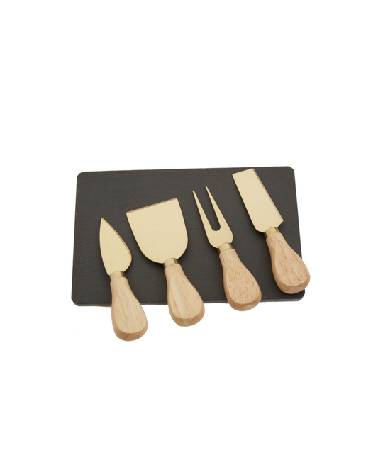 Ena Slate Cheese Board & Knife Set - Gold Finish